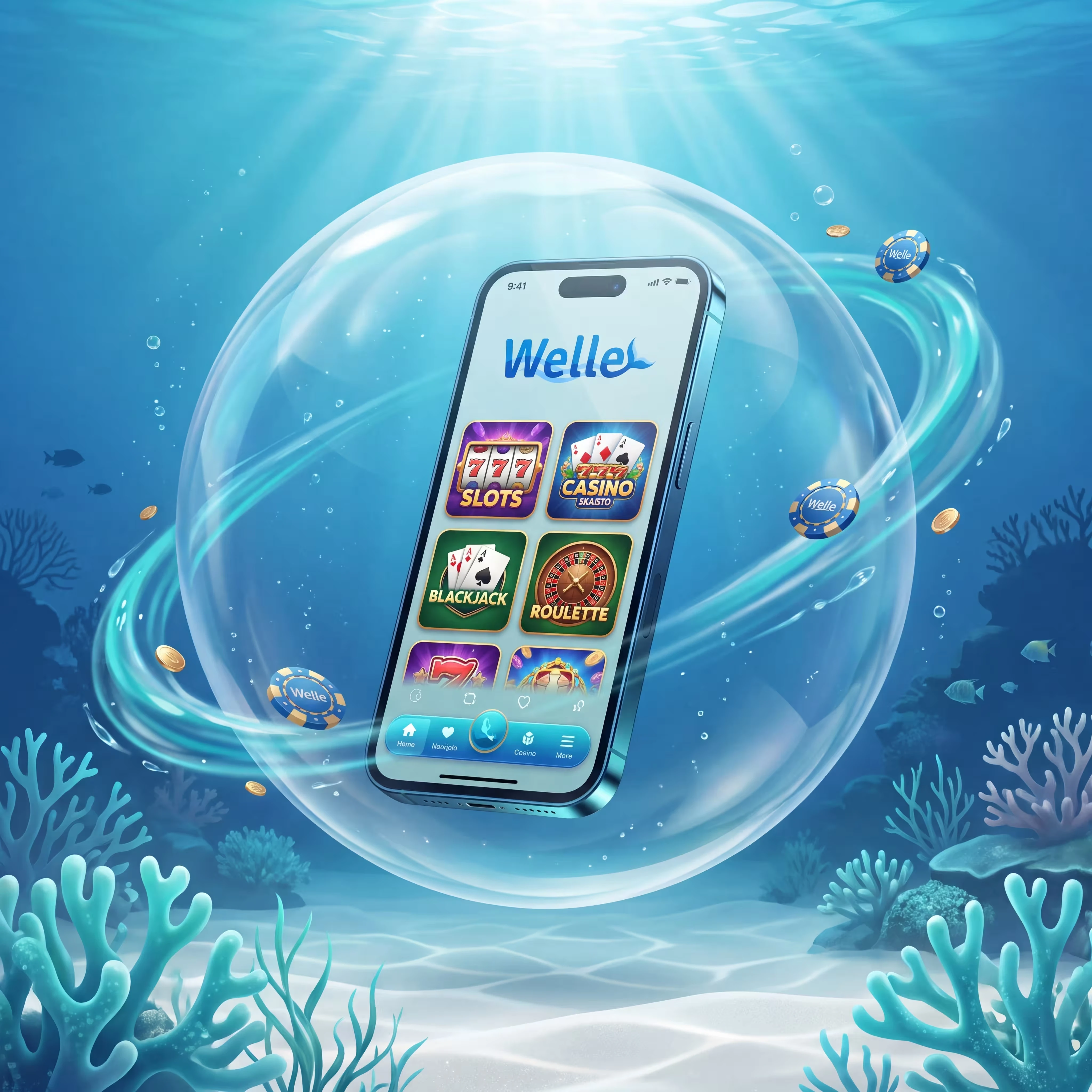 Welle Casino mobile app on an underwater phone